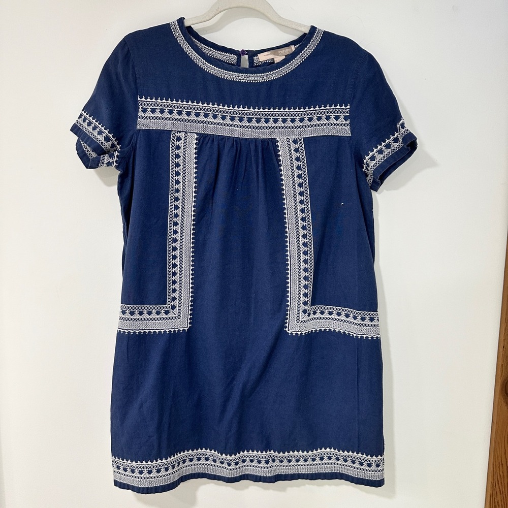 Forever 21 Contemporary Embroidered Shift Dress Womens S Navy Blue Cotton Linen